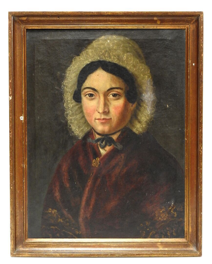 Null 法国学校 - 二十世纪
一个穿紫色大衣的女人的肖像。
布面油画。
51 x 39 cm
事故，修复