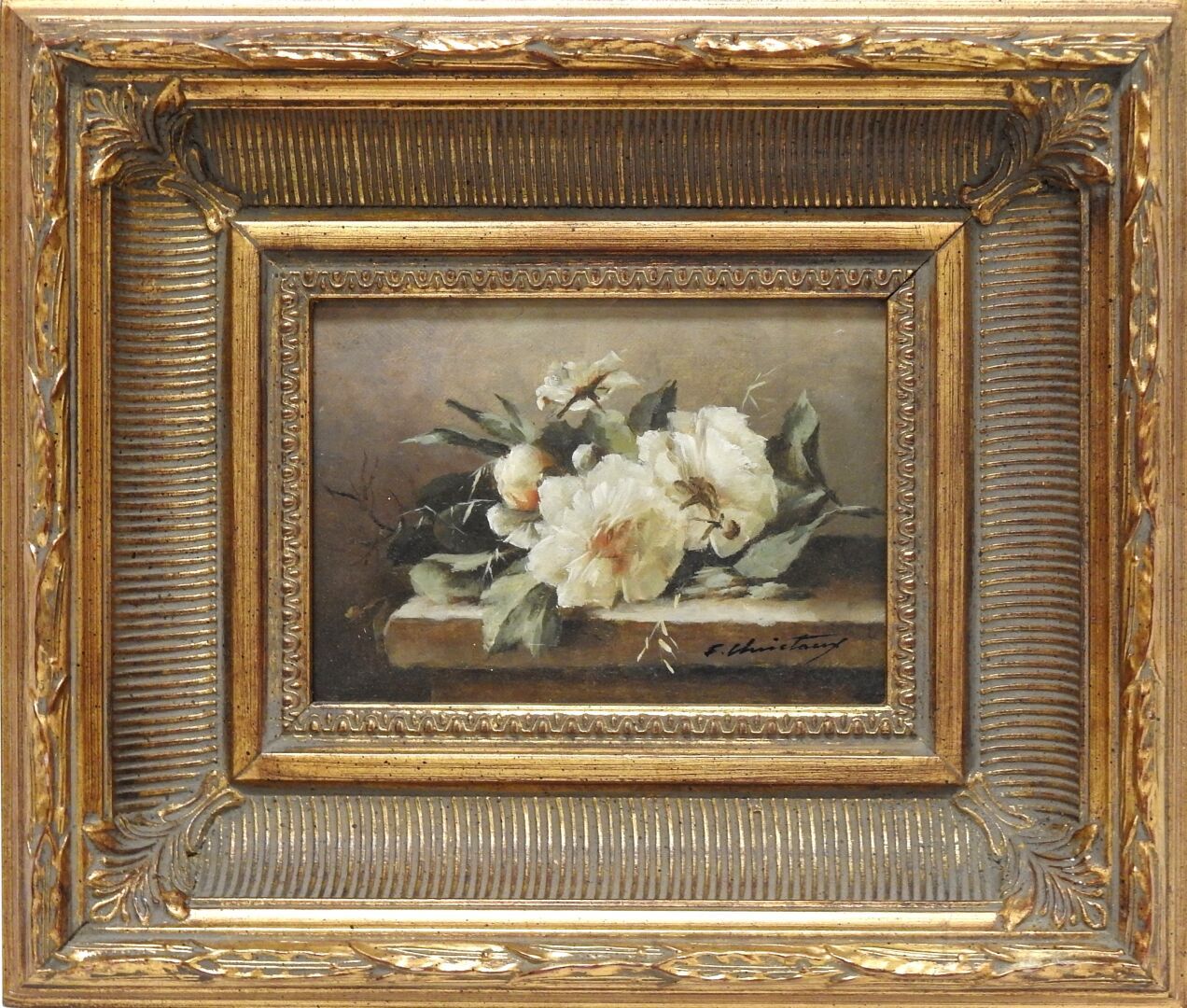 Null F.CHRISTAUNY - 20世纪
夹板上的花束。
布面油画。右下方有签名。
12,5 x 17,5厘米。
磨损和撕裂。