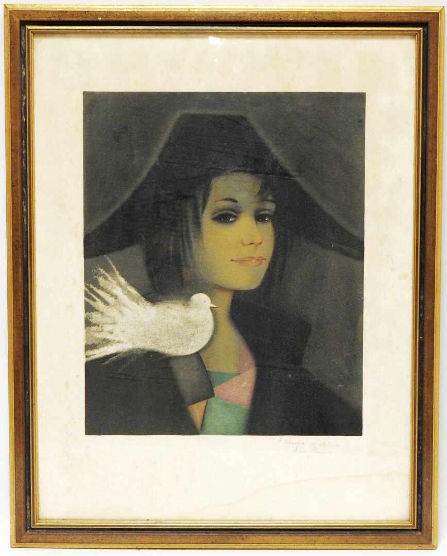 Null R.W.THOMAS - 20世纪
带鸽子的女人
彩色石版画
在空白处以石墨签名的艺术家证明
64 x 49 cm at sight
污点