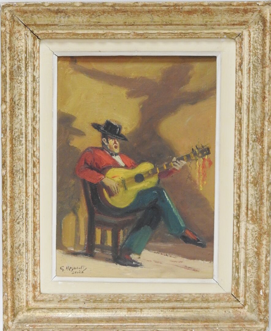 Null 乔治-雷格诺特 (1898-1979)
西班牙吉他手-塞维利亚
布面油画。签名并位于左下方，背面有标题
33 x 24.5厘米
A 凹痕
