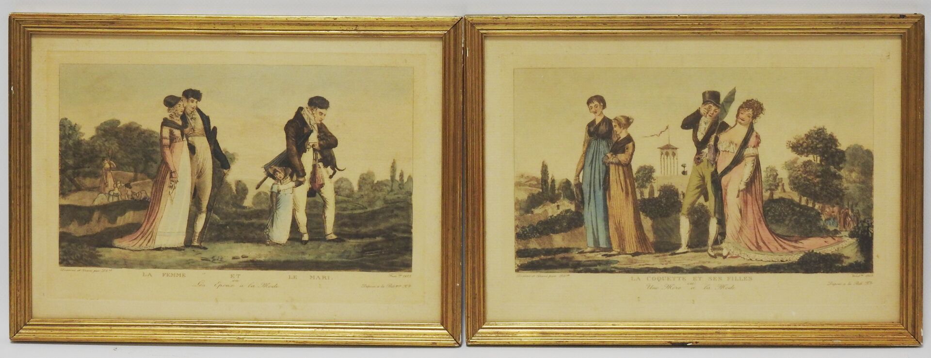 Null Pair of lithographs in colors representing "The Coquette and her daughters"&hellip;
