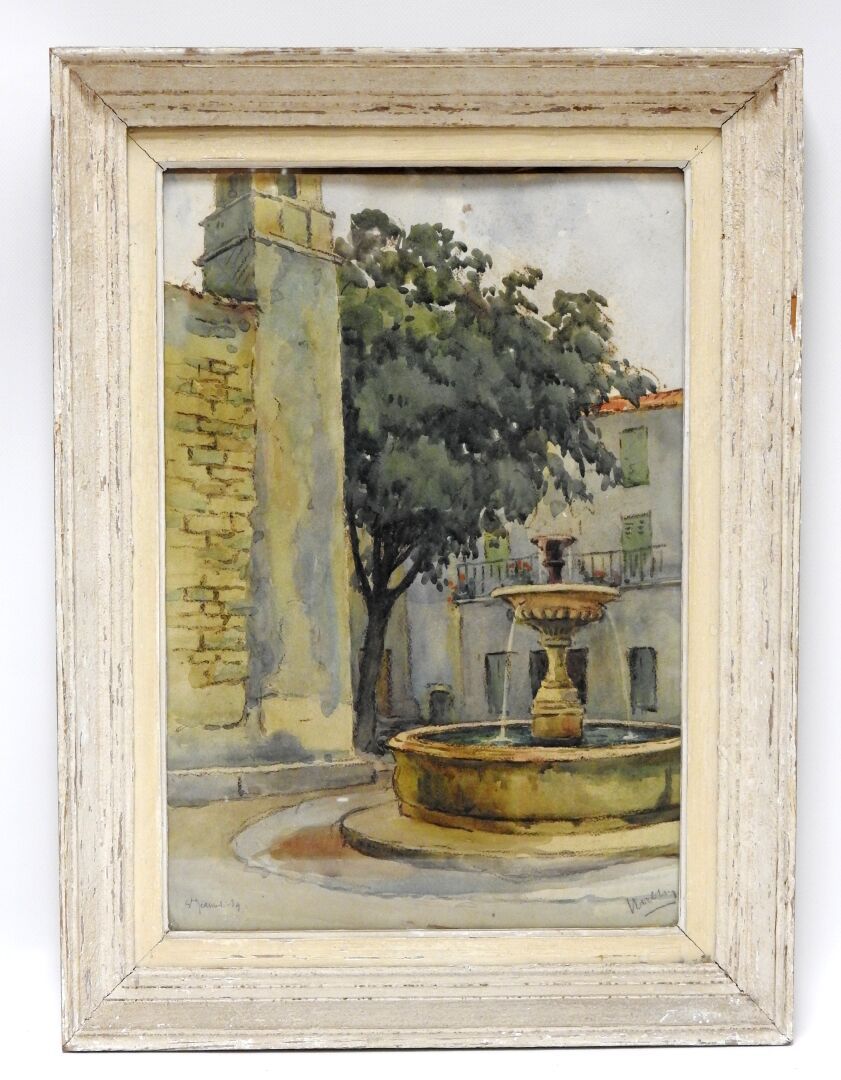 Null French school - XXth century
Square with a fountain.
Watercolor. Titled, lo&hellip;