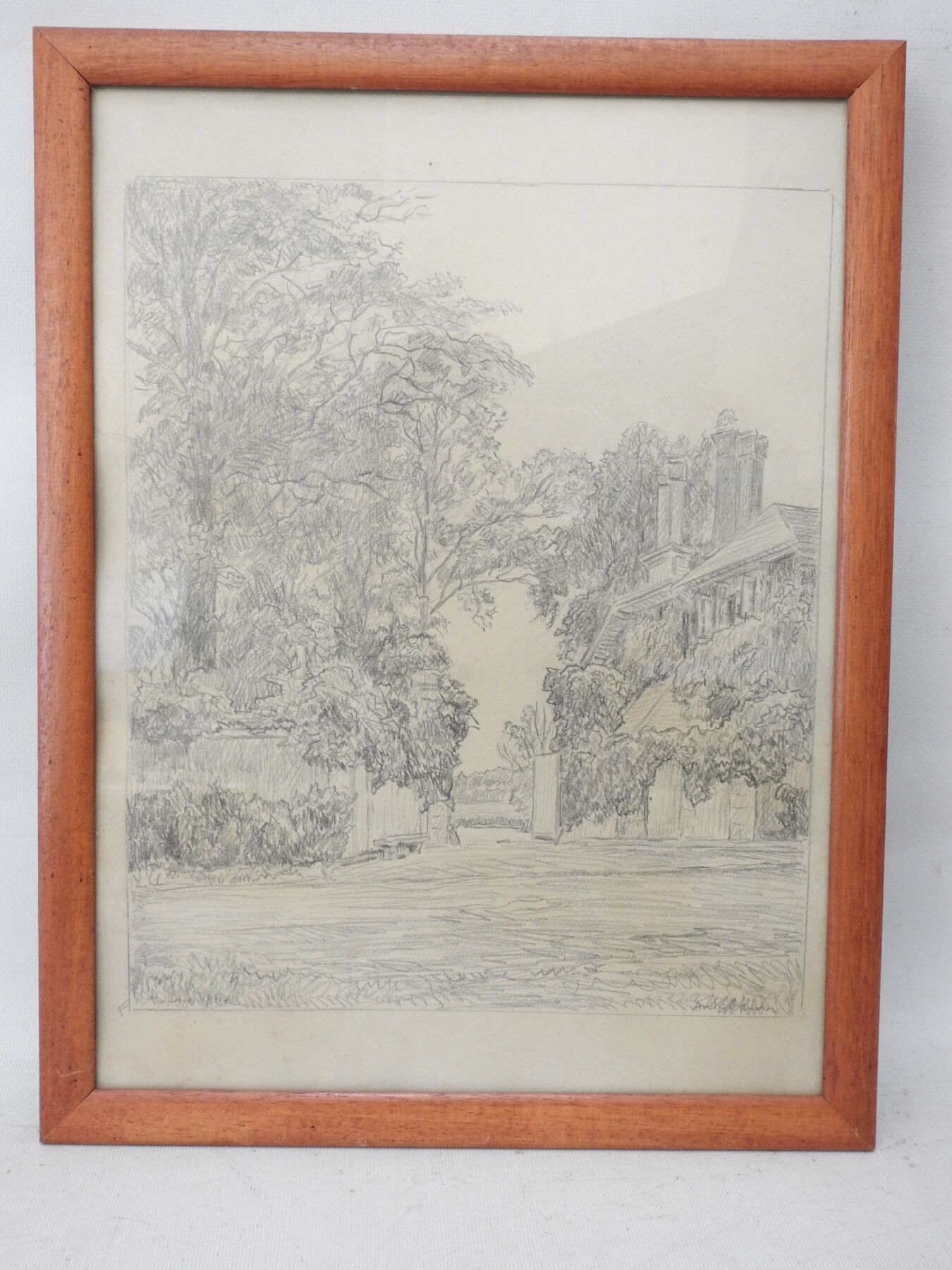 Null André DAUCHEZ (1870-1948): Veduta del giardino. Disegno a matita di grafite&hellip;