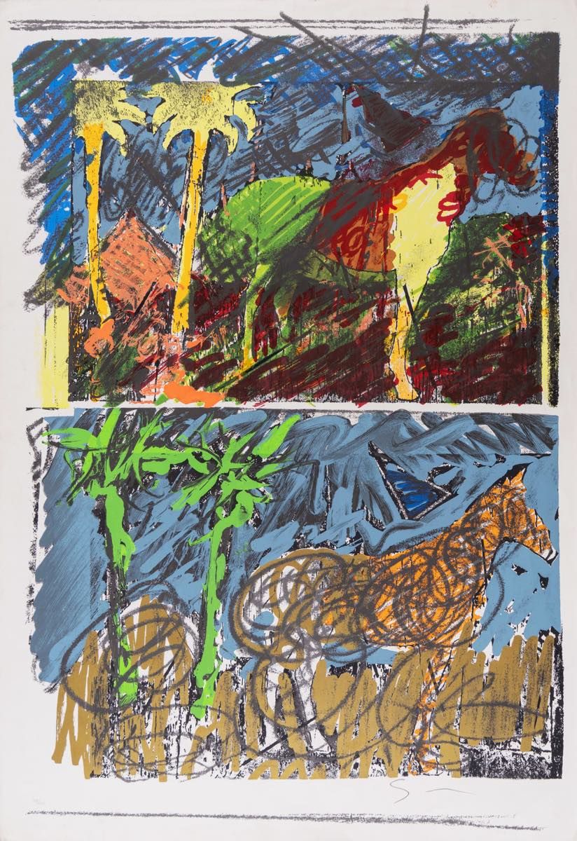 Mario Schifano (Homs 1934 - Roma 1998), “Palme e cavalli”. Color silkscreen on p&hellip;