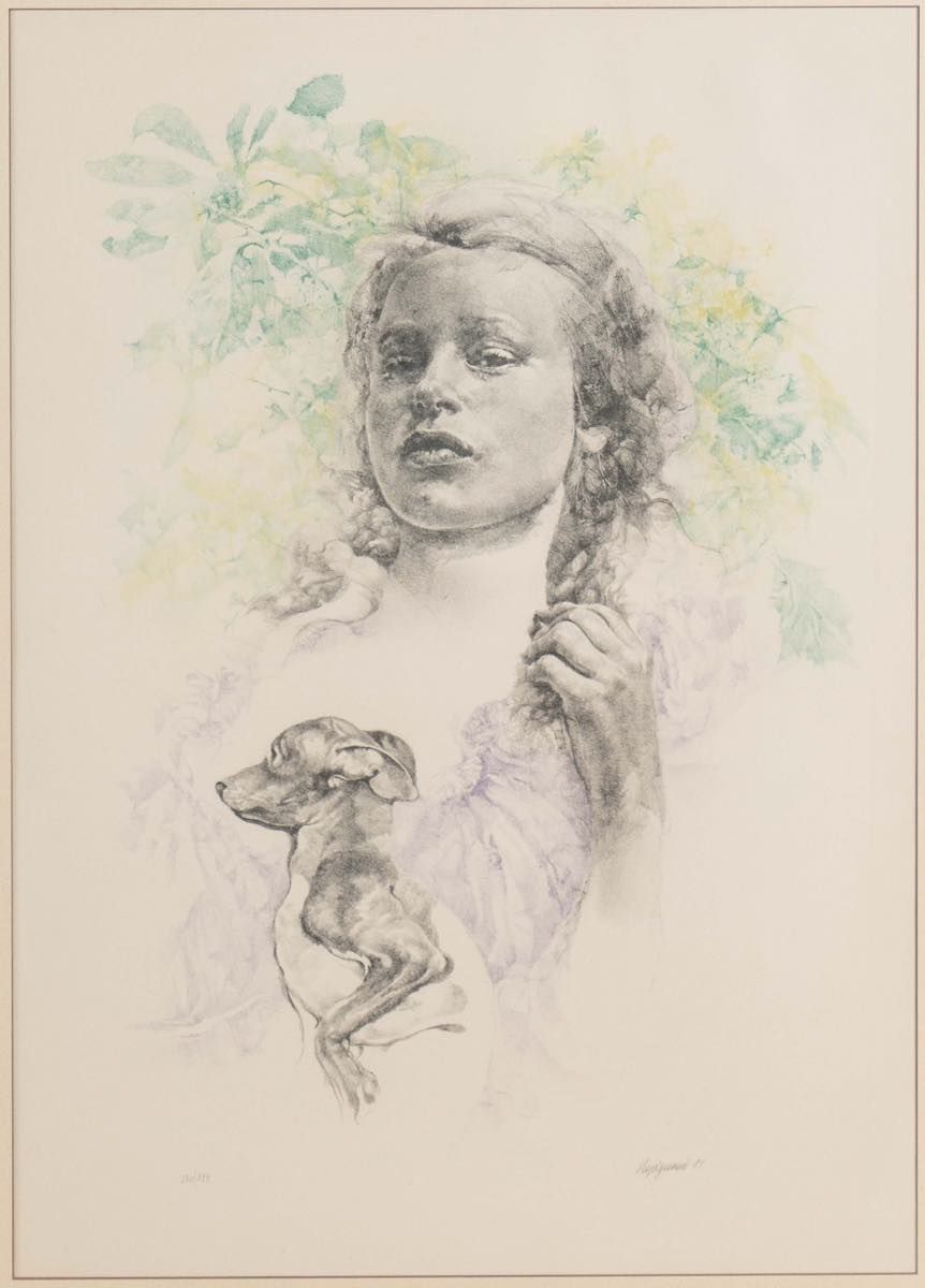 Renzo Vespignani (Roma 1924 - 2001), “Figura femminile con cane”, 1981. 纸上彩色石版画，&hellip;