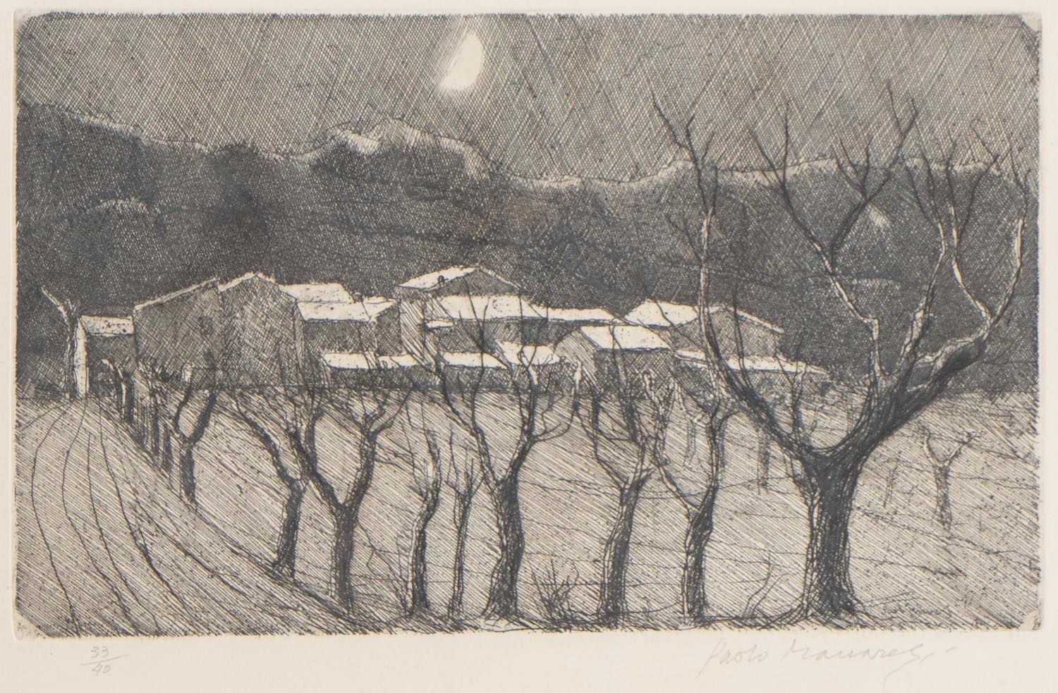 Paolo Manaresi (Bologna 1908 – 1991), “Paesaggio notturno”. Etching on paper, si&hellip;