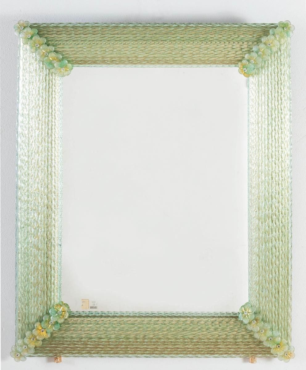 Manifattura Muranese, Specchiera con cornice in vetro verde, Anni ‘70. 表面装饰有手杖，四&hellip;