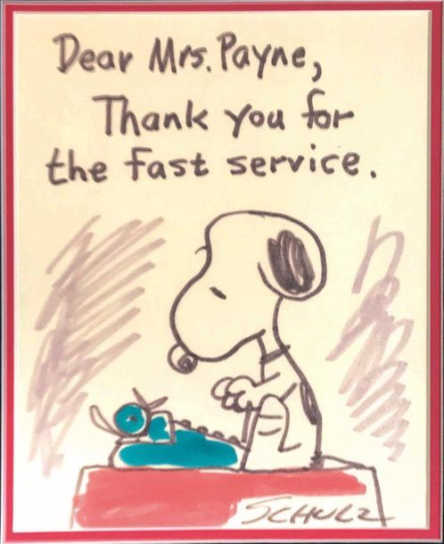 Charles Schulz (1922 – 2000), Snoopy: Dear Mrs. Payne Illustration originale. Ma&hellip;