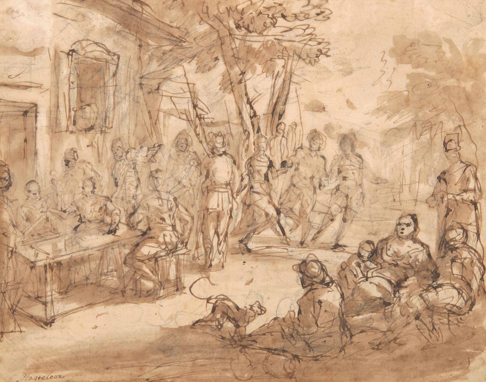 Scuola del XVII secolo, Scena di genere con festeggiamenti nuziali penna e acque&hellip;