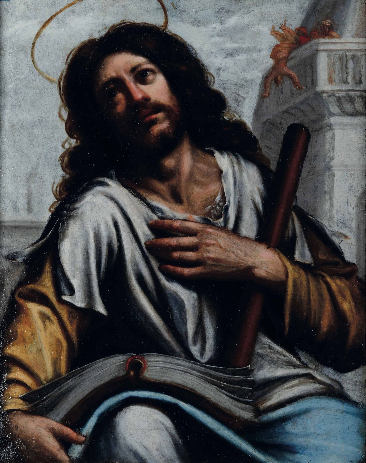 Scuola emiliana del XVII secolo, Ritratto di evangelista olio su tela, cm 83x66