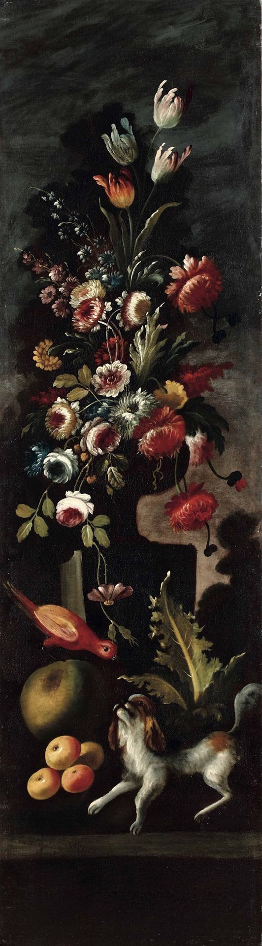 Scuola napoletana del XVIII secolo, Nature morte con fiori, frutti, pappagallino&hellip;