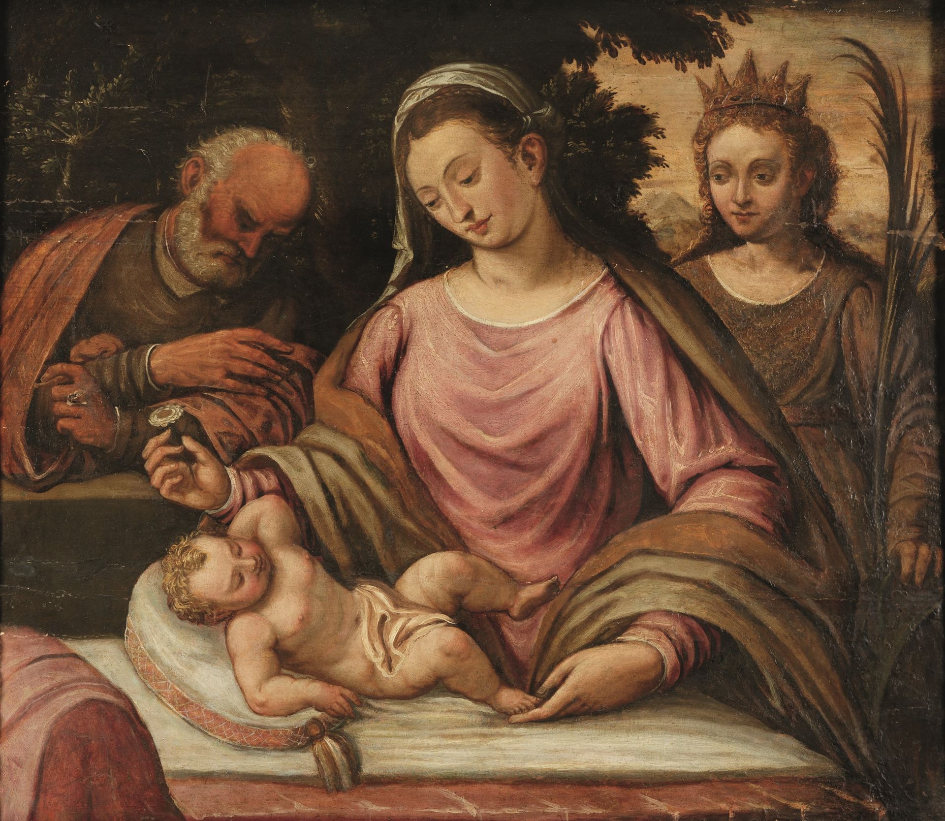 Scuola veneta del XVI secolo, Sacra Famiglia con Santa Caterina olio su tavola, &hellip;