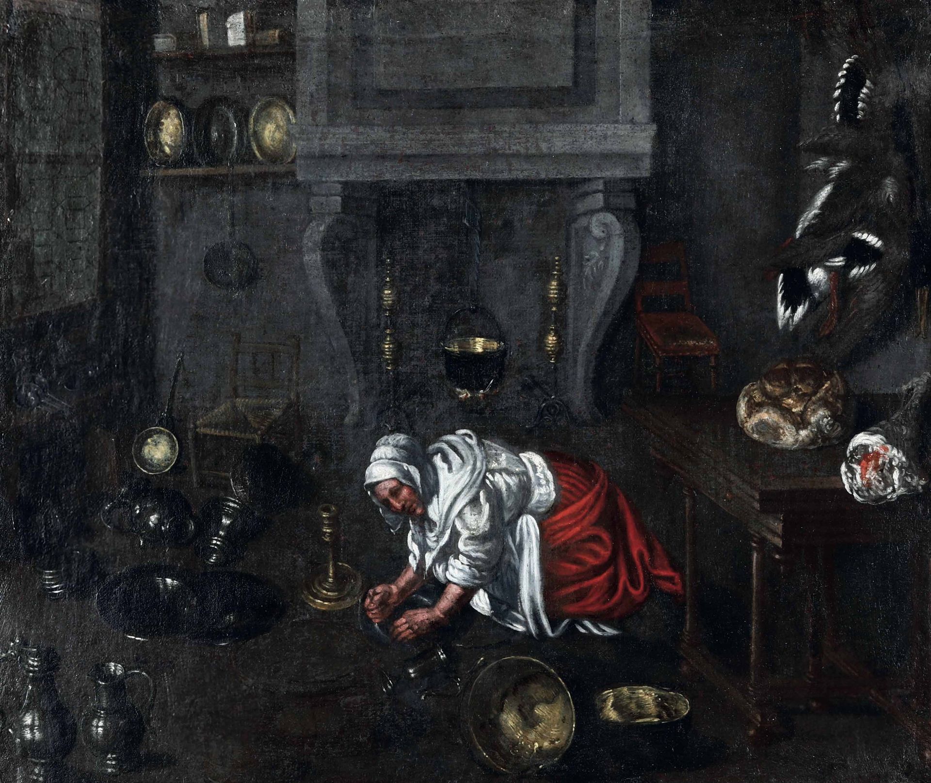 Scuola fiamminga del XVII secolo, Interno di cucina huile sur toile, cm 65x56