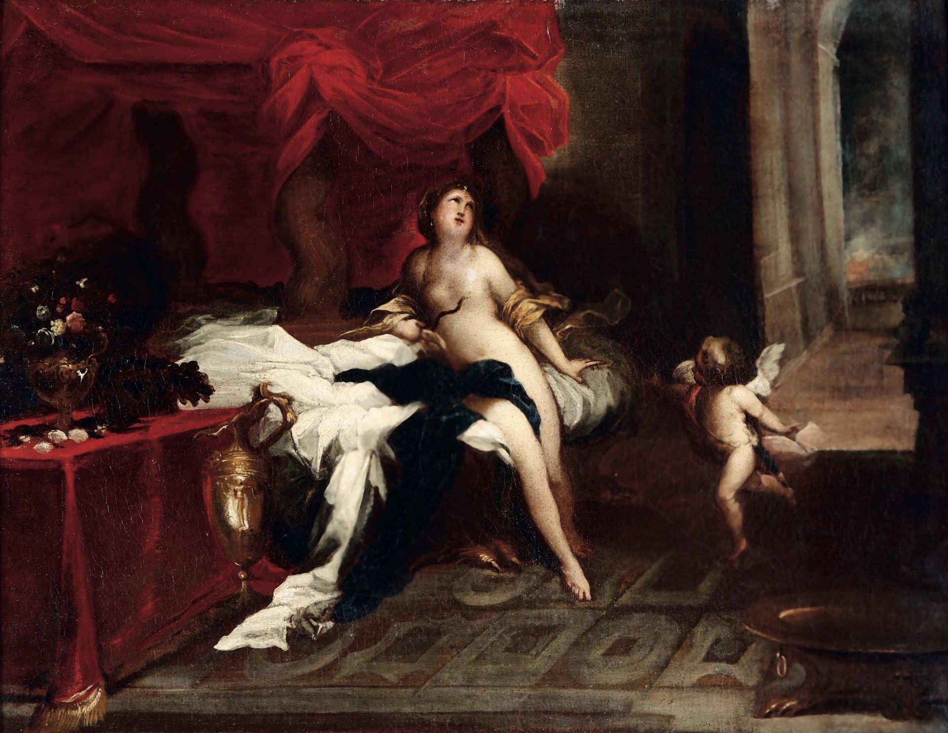 Scuola genovese del XVII secolo, La morte di Cleopatra olio su tela cm 49x63, in&hellip;