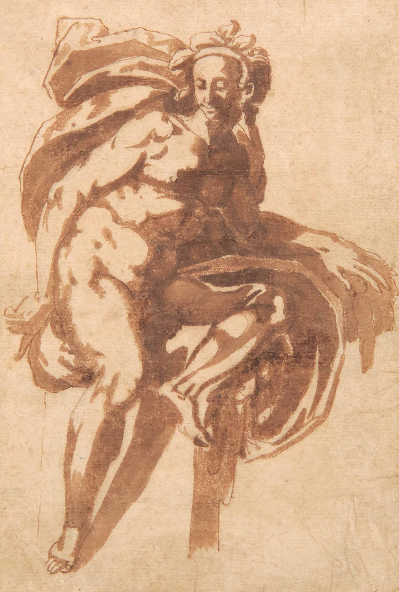 Scuola del XVI secolo, Figura femminile seduta 纸上钢笔和棕色水彩画，250x140毫米