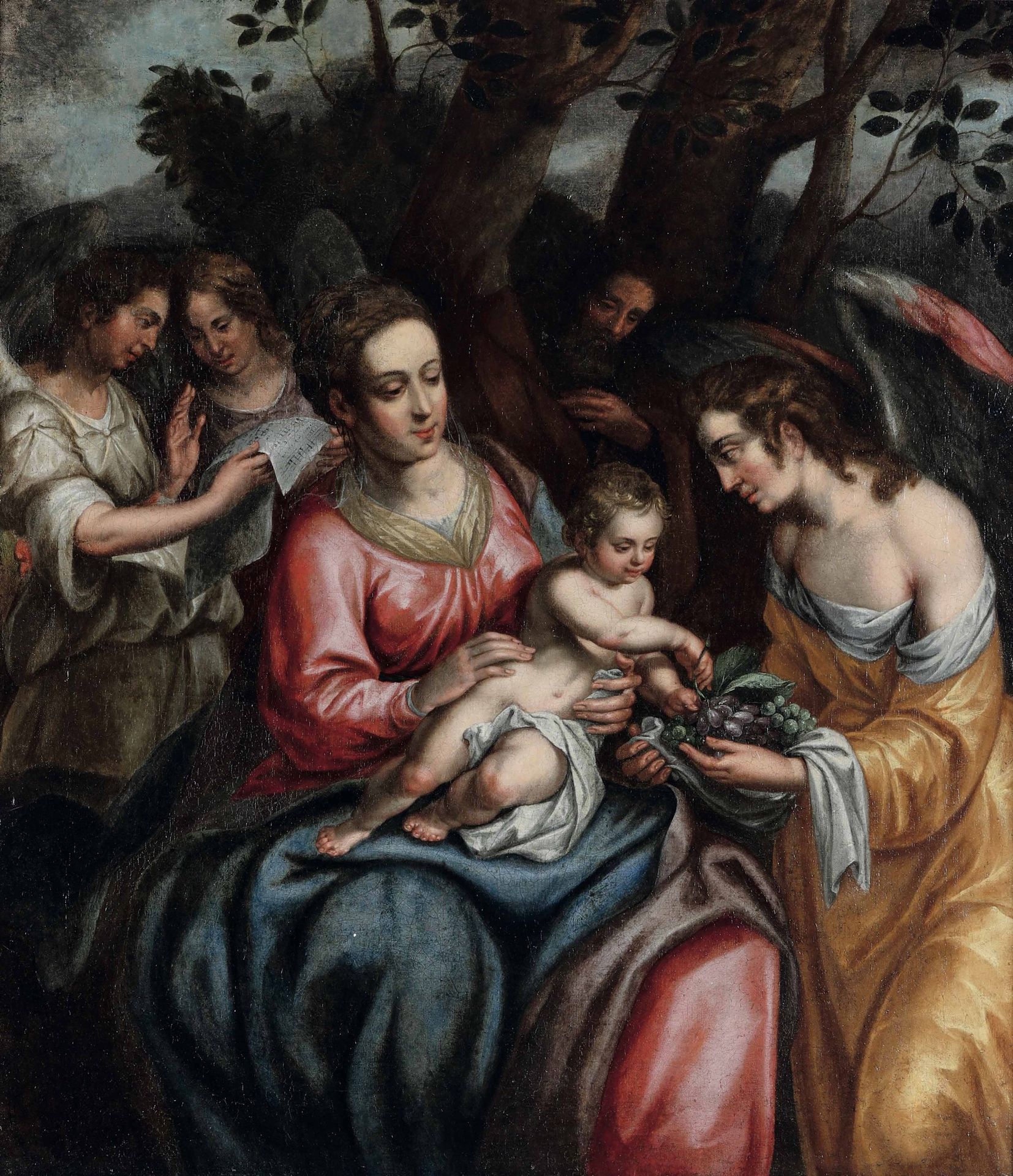Scuola italiana della fine del XVI secolo, Sacra Famiglia con angeli olio su tel&hellip;