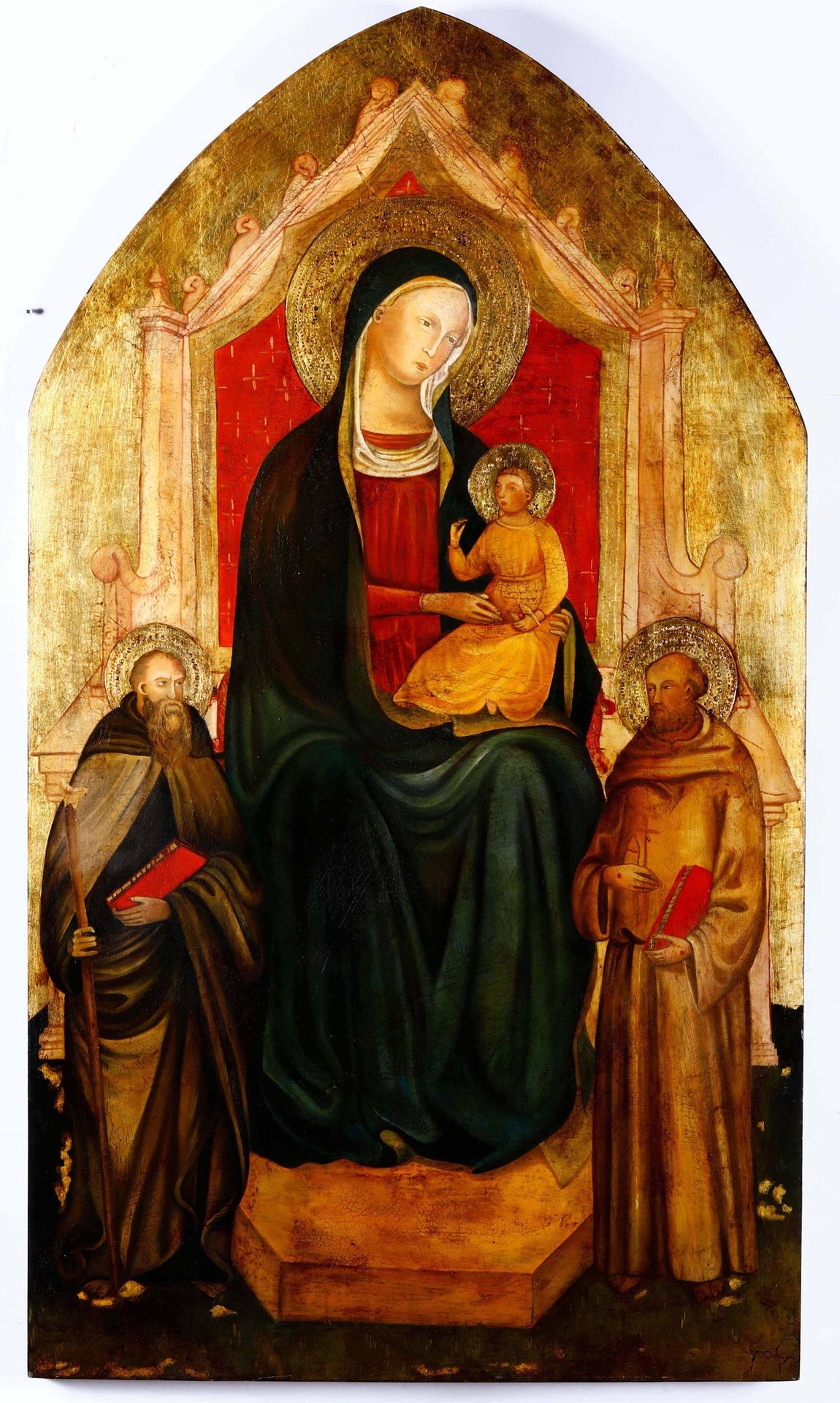 Artista del XX secolo, Madonna con Bambino e angeli olio su tavola centinata, cm&hellip;