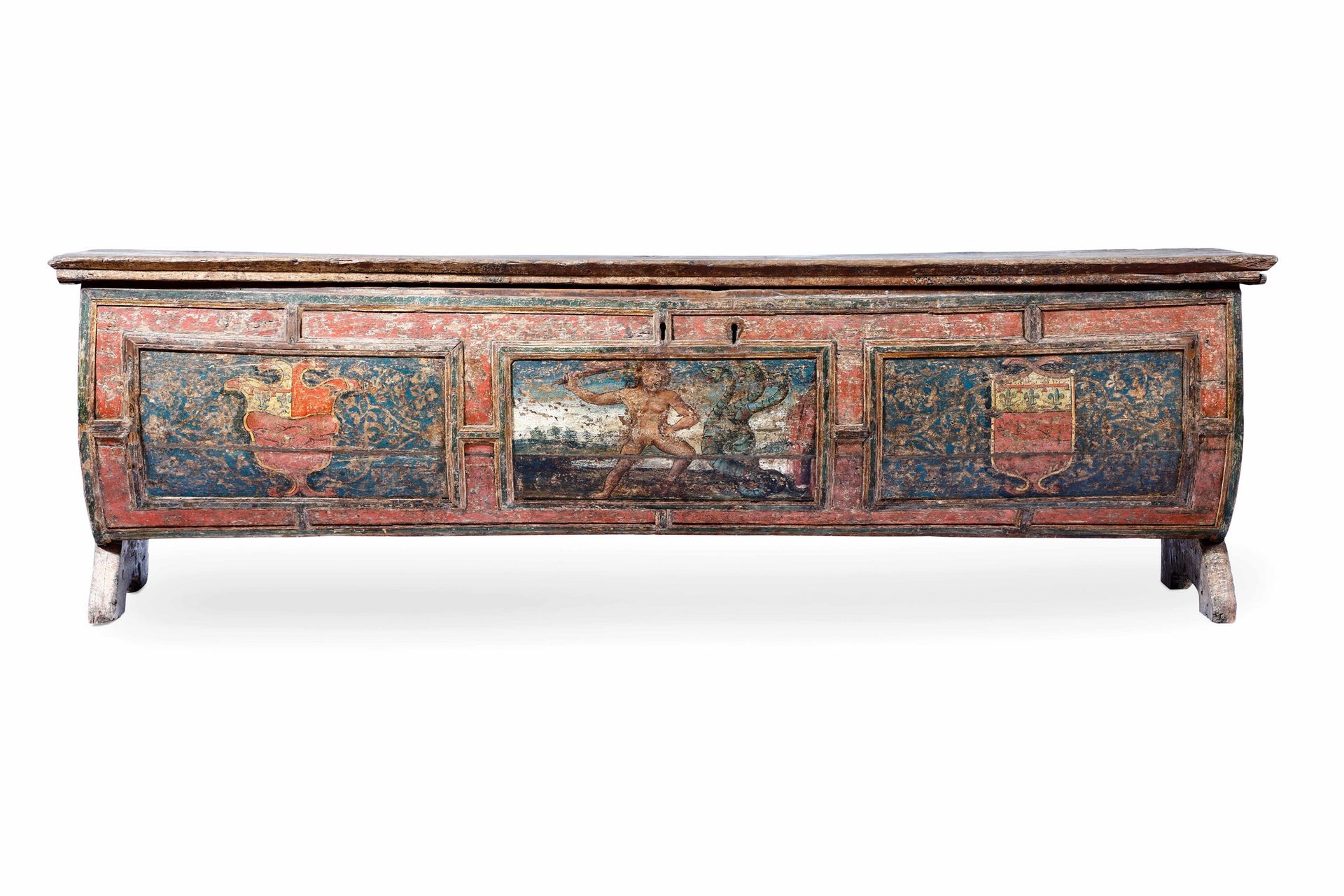Importante cassone nuziale. Arte toscana del XV secolo, cm 187x48x56 decori a te&hellip;