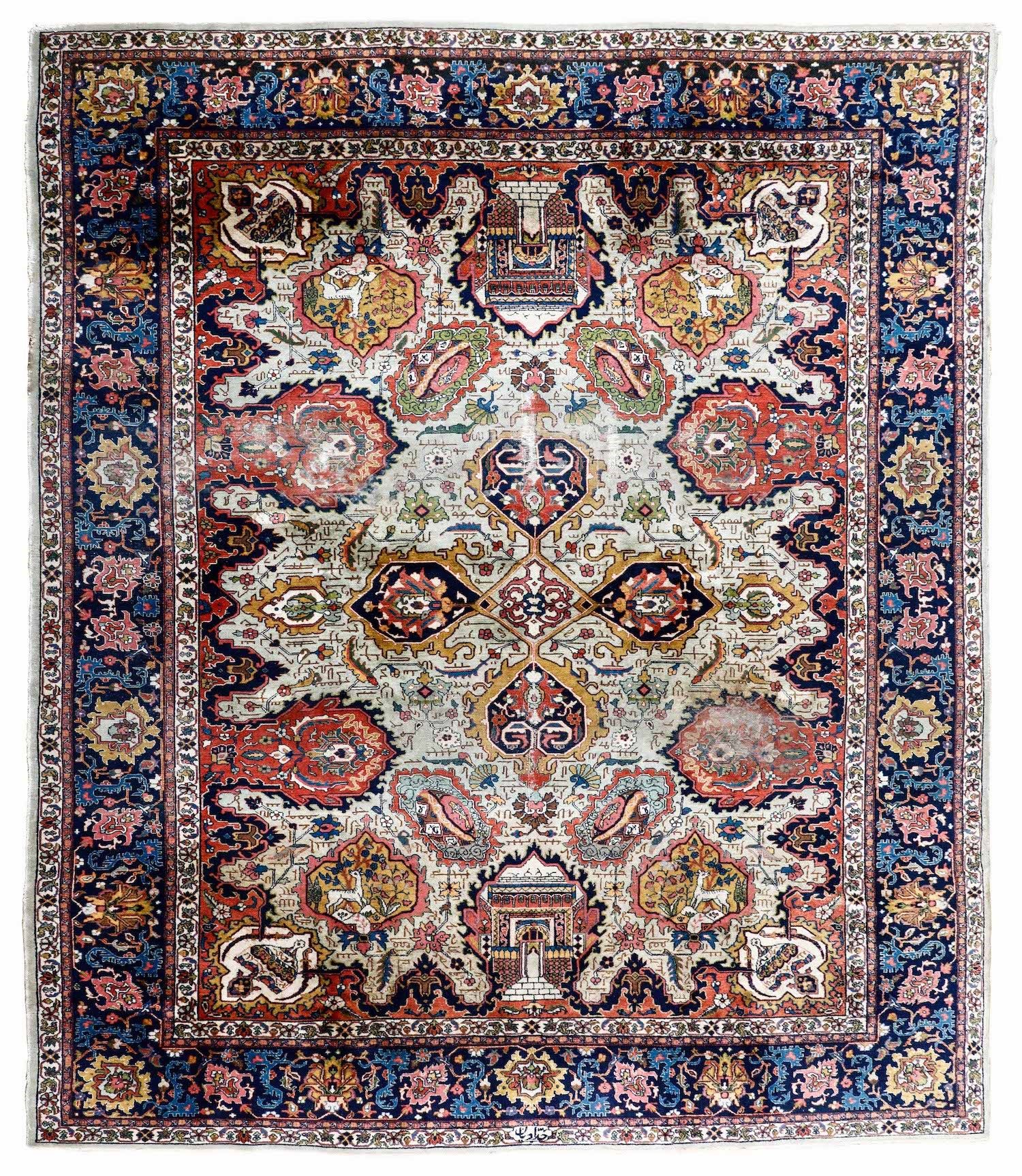 Tappeto Persia inizio XX secolo, 大面积花卉装饰的浅色领域，蓝色宽边框 cm 383x260
