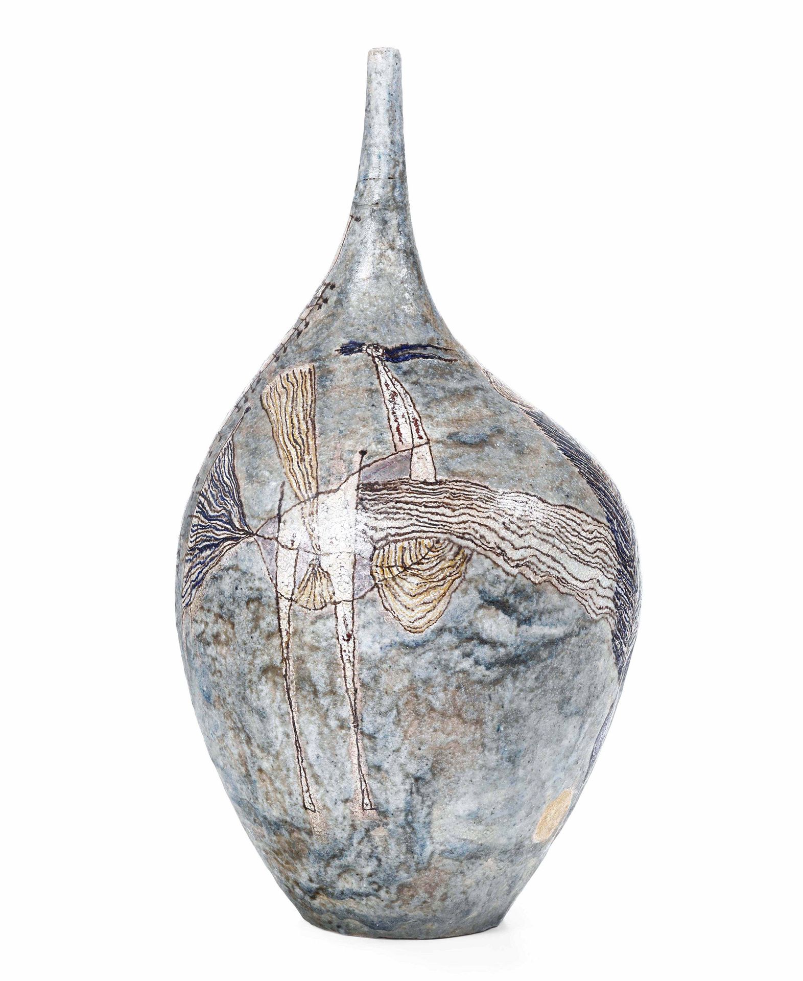 Carlo Zauli (1926-2002) Faenza, 1950 ca, 不对称的大花瓶，颈部有单花，石器材质，有抽象的装饰。底座下的签名高度为64厘米