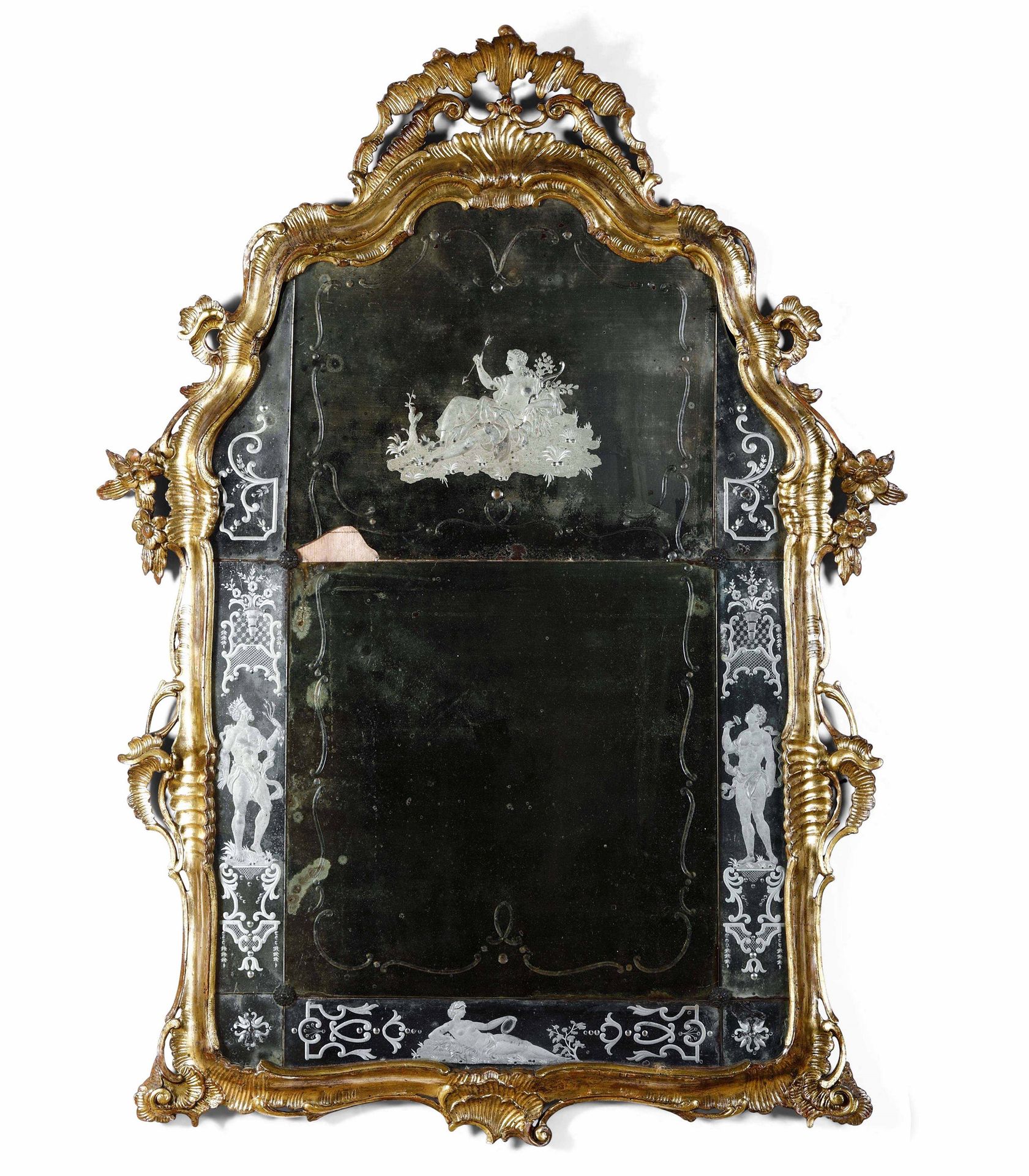 Grande specchiera in legno scolpito e dorato, specchio inciso, Venezia XVIII-XIX&hellip;