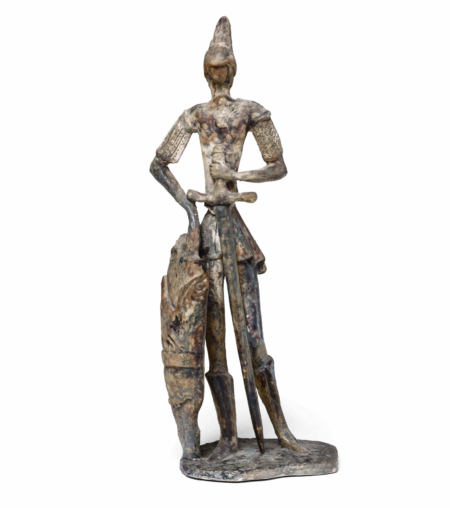 Pietro Melandri (1885-1976) Faenza, 1950 ca, 描绘文艺复兴时期人物的雕塑，带着一个大盾牌，用陶土制成的玛瑙色。底座上&hellip;