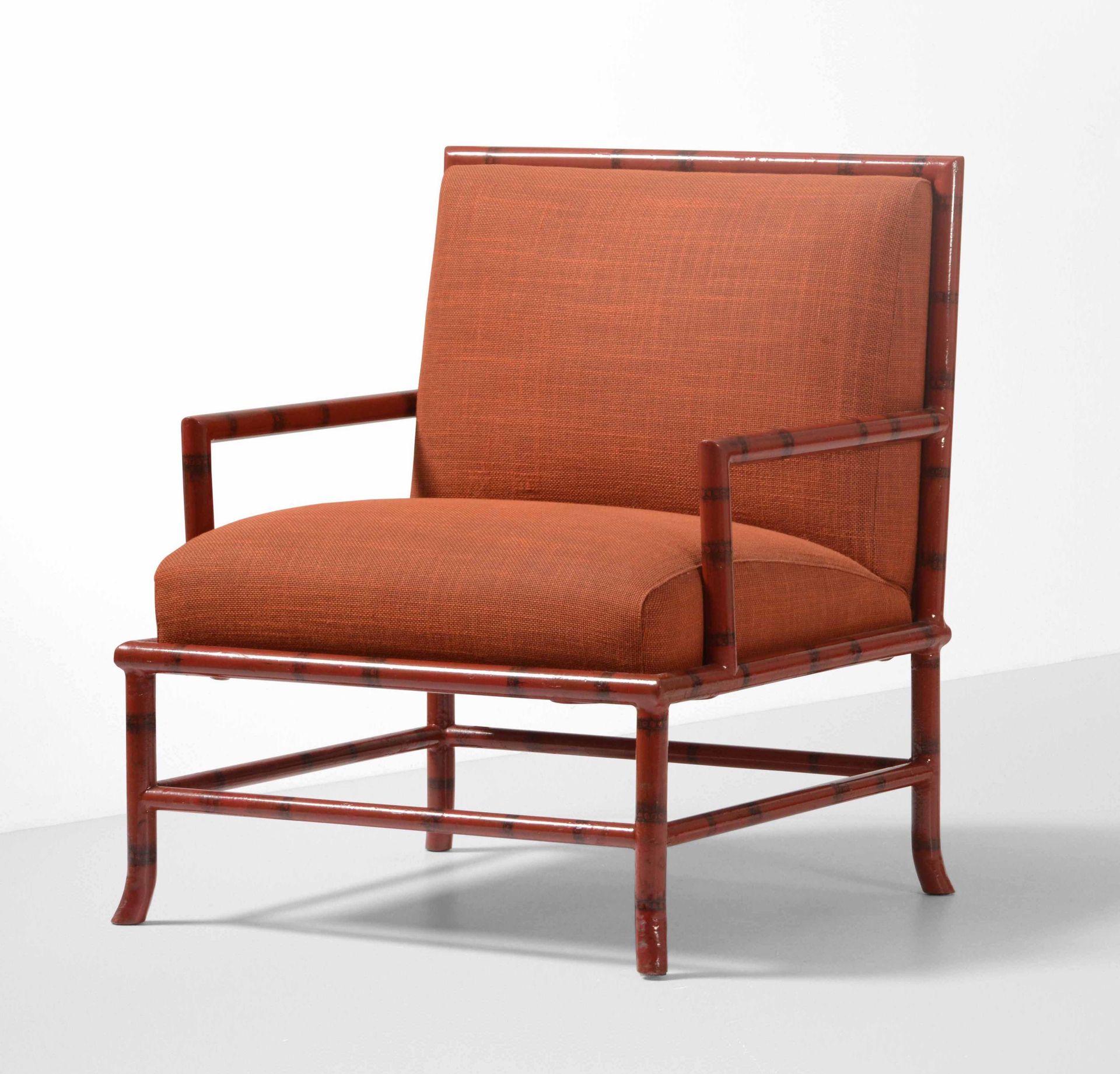 Piero Fornasetti, 扶手椅，漆面木质框架和织物软垫。仿竹 "装饰。意大利Fornasetti公司制造，约1960年，cm 70x65x80