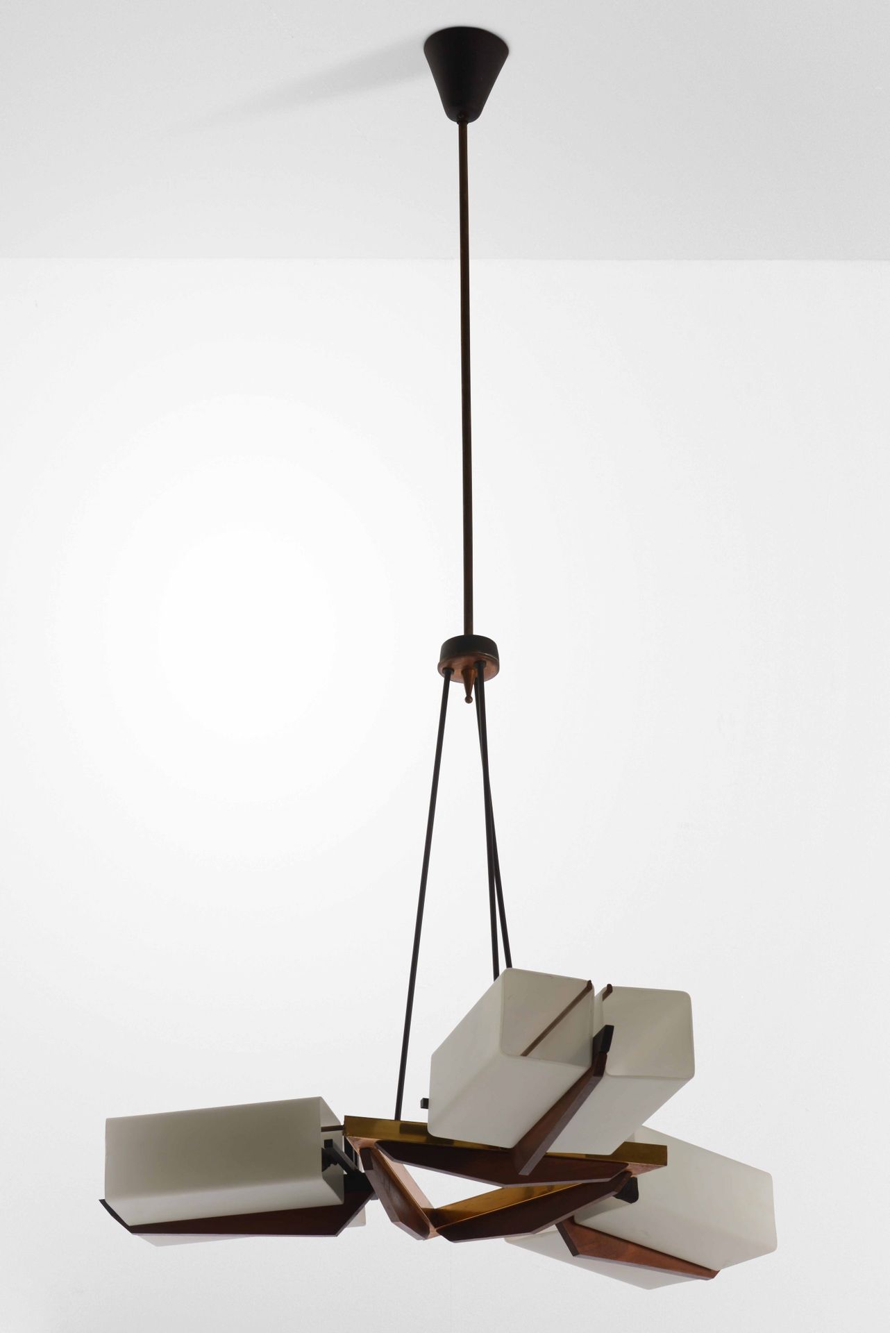 Stilnovo, Suspension lamp with structure in brass and lacquered metal. Opaline g&hellip;