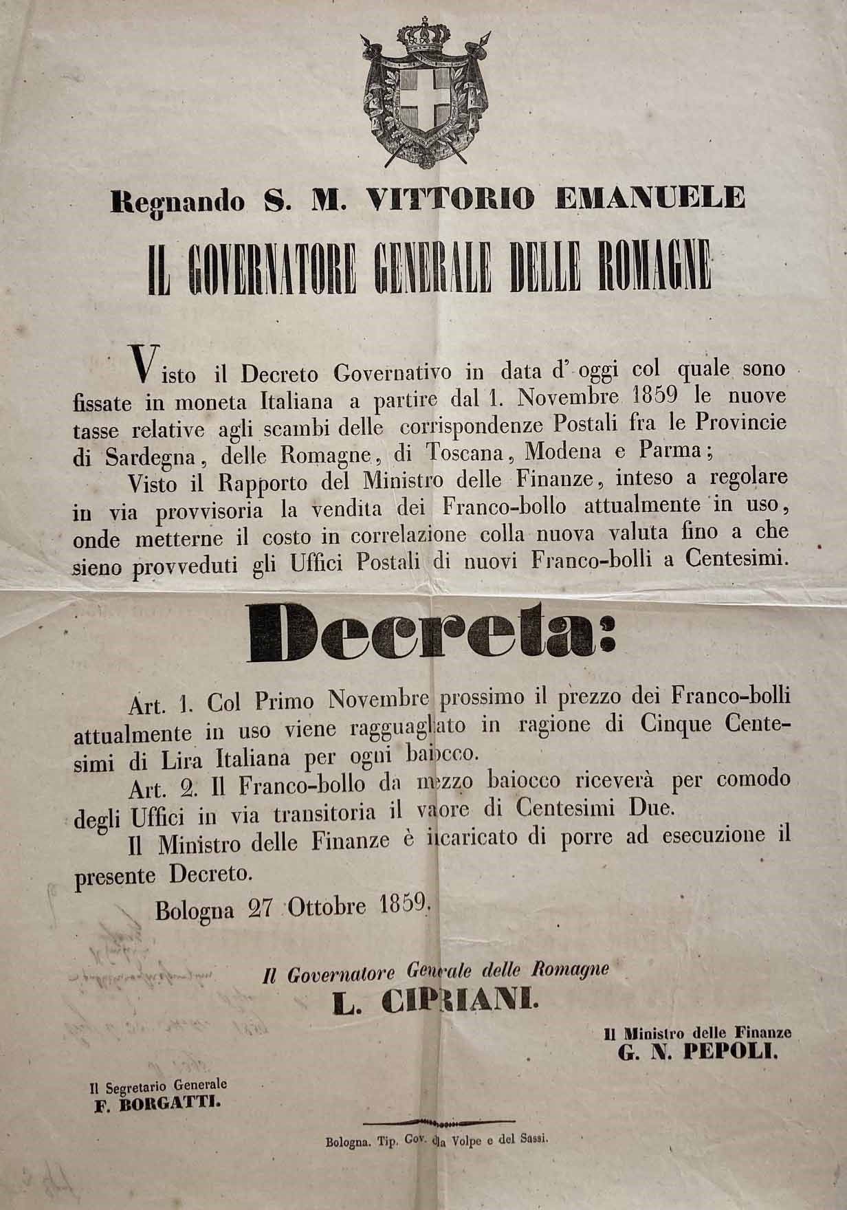 1859, Decreto del Governatore Generale delle Romagne Cipriani, dato in Bologna i&hellip;