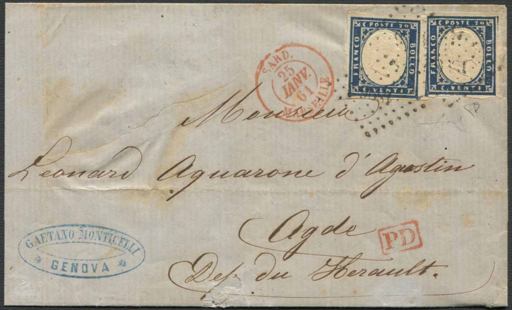 NAVIGAZIONE, 1861, Sardegna, lettera da Genova per Adge, Francia, del 24 gennaio&hellip;