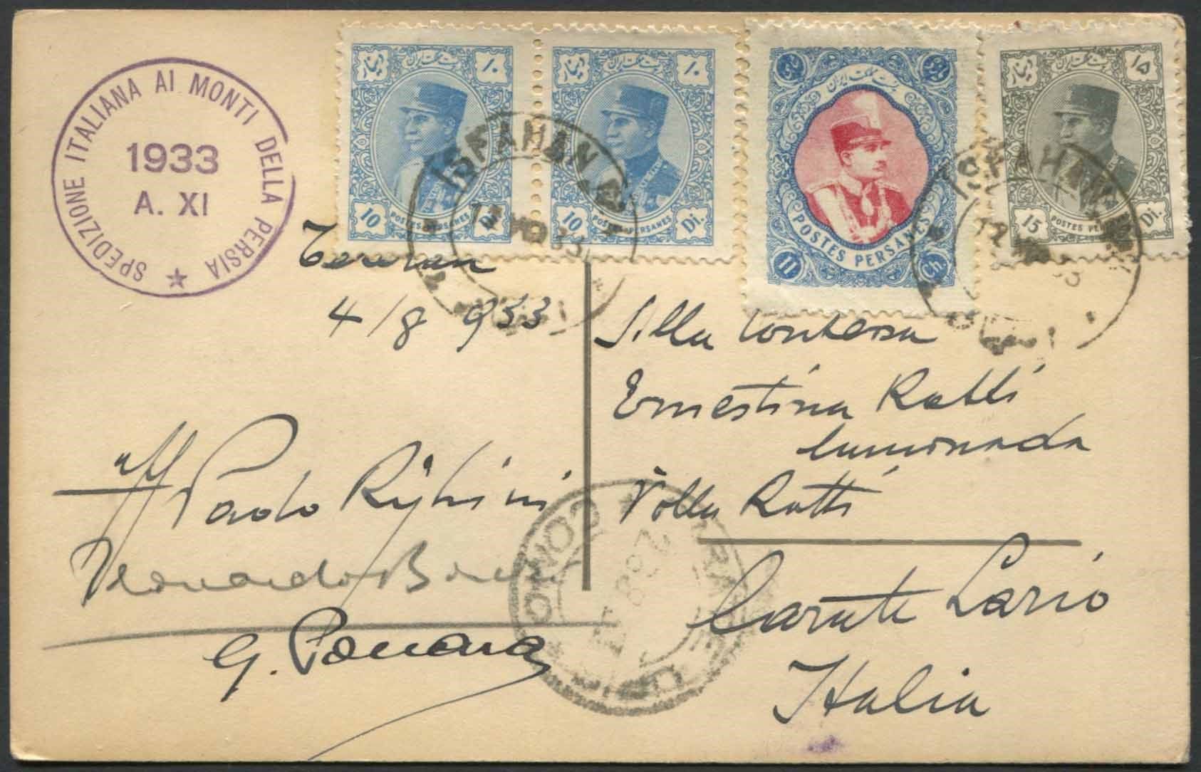 1933, Iran, cartolina da Isfahan per Carate del 4 agosto 1933,, Affranchis avec &hellip;