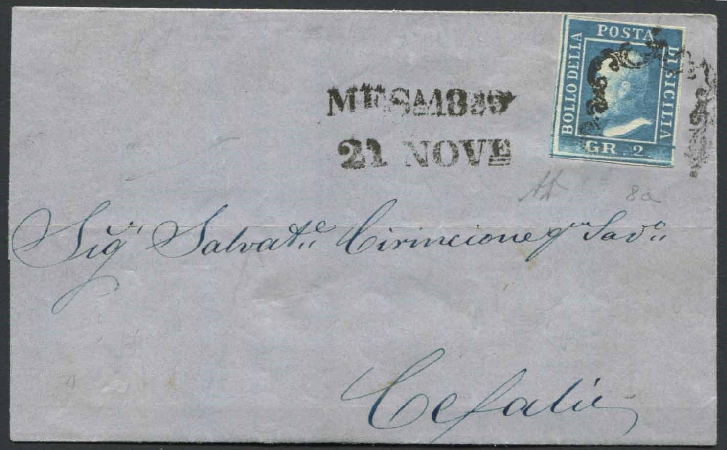 1859, Sicilia. Lettera da Messina per Cefalù del 21 novembre 1859., Affrancata c&hellip;