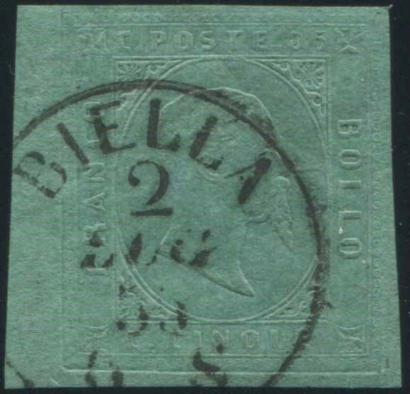 Sardegna. 5 cent. Verde II emissione (S.4), annullato col bollo di Biella del 2 &hellip;