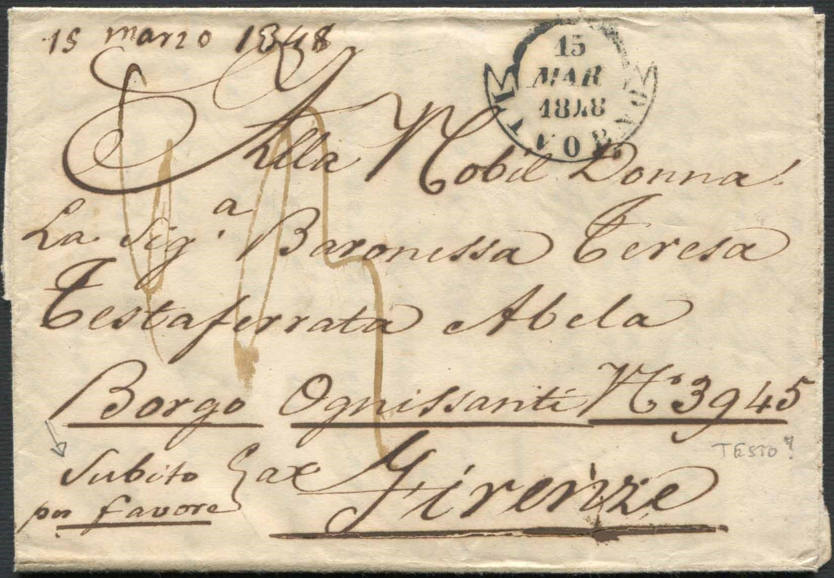 Prefilatelia, lettera da Livorno a Firenze del 15 marzo 1848., Une lettre de Mal&hellip;