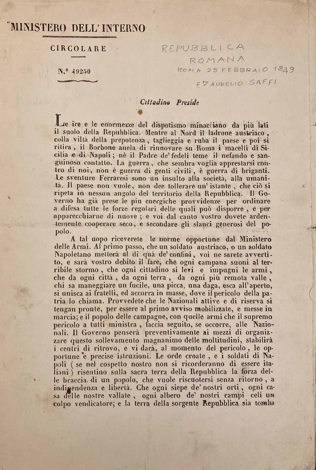 REPUBBLICA ROMANA, circolare di due pagine (cm 31x21) del Ministro dell'Interno &hellip;