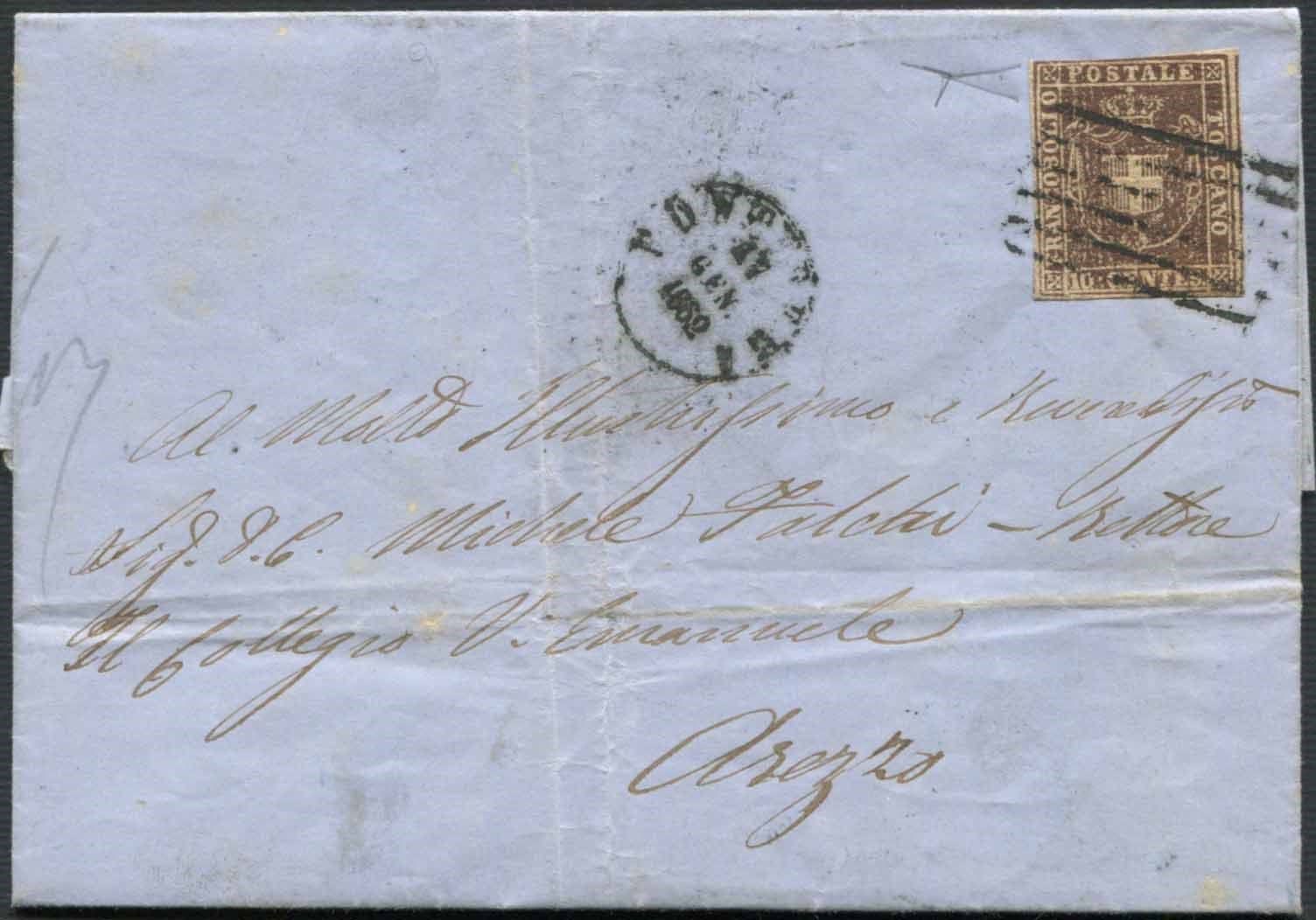 1860, TOSCANA, lettera da Pontedera per Arezzo del 17/1/1862,, Affrancata con 10&hellip;