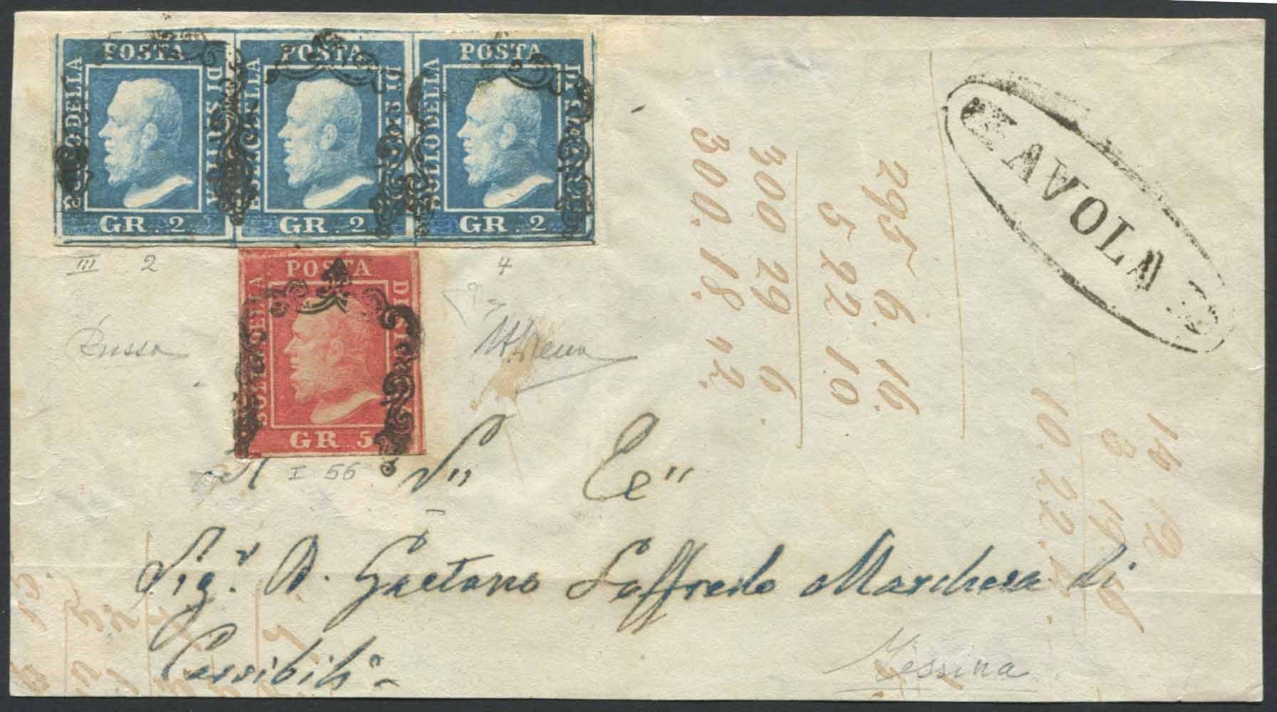 1859, Sicilia, frontespizio da Avola per Messina., Franked avec la bande de troi&hellip;