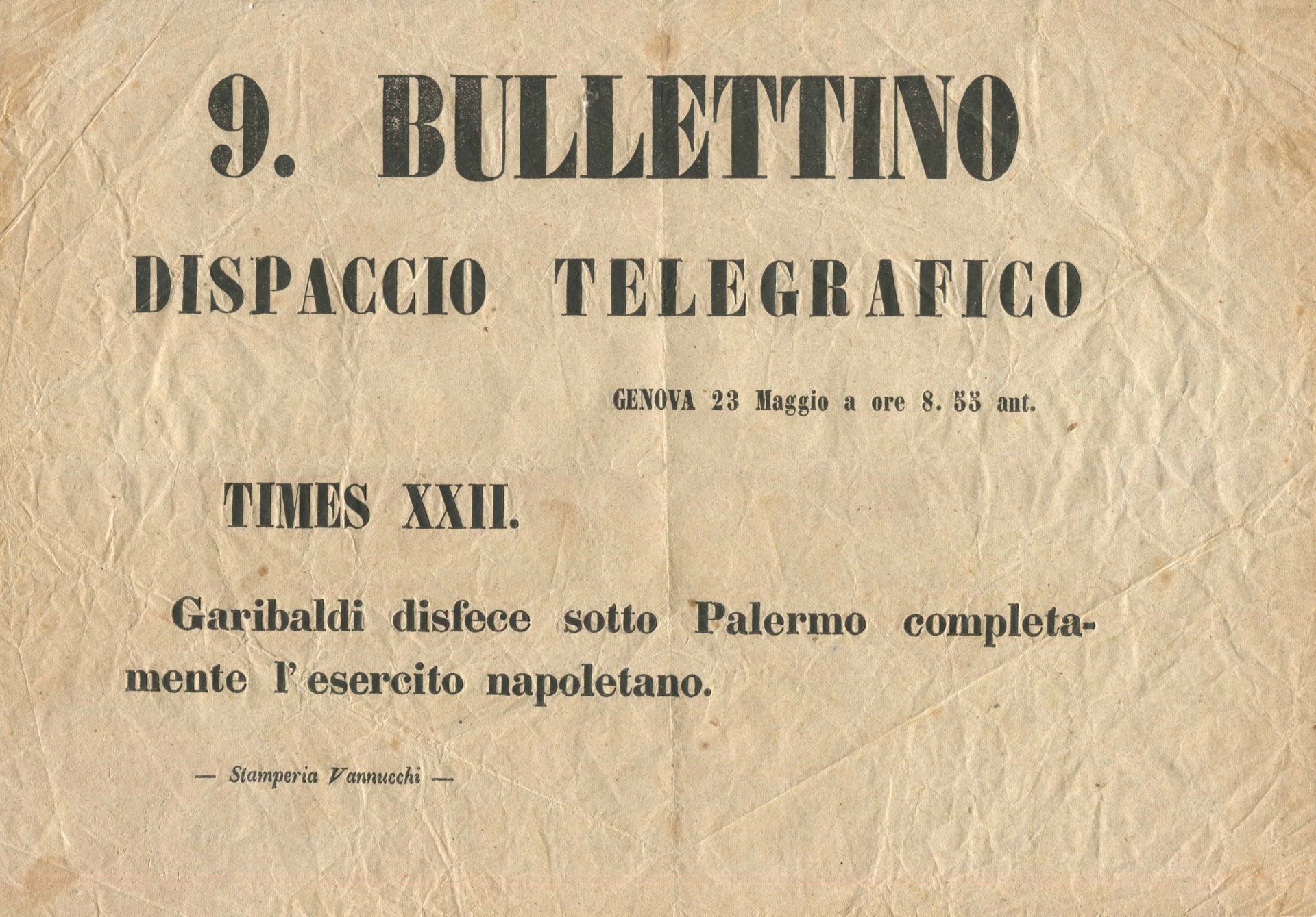 1860, SARDEGNA, “9. BULLETTINO-DISPACCIO TELEGRAFICO”, volantino edito a Genova &hellip;