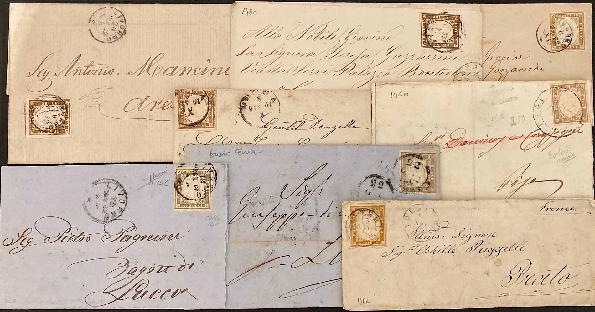 1861/62, Sardegna. Otto lettere., Chacune est affranchie avec 10 cents de l'émis&hellip;