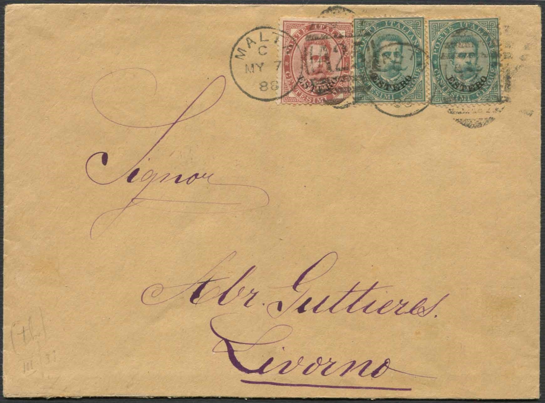 1888, Levante, lettera da Malta per livorno del 7 maggio 1888, Affrancata con du&hellip;