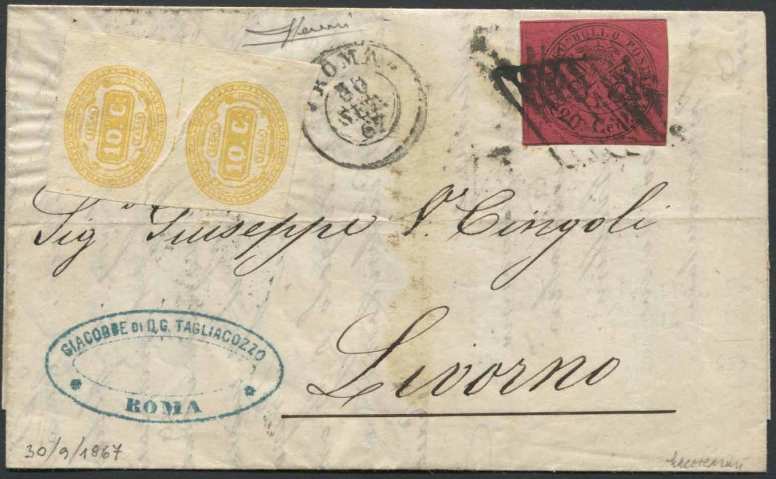 Stato Pontificio. Lettera da Roma per Livorno del 30 Settembre 1867., Affrancata&hellip;
