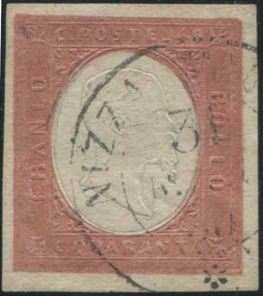 Sardegna. 40 cent. Rosso mattone III emissione (S.9), Annulé par le timbre d.C. &hellip;
