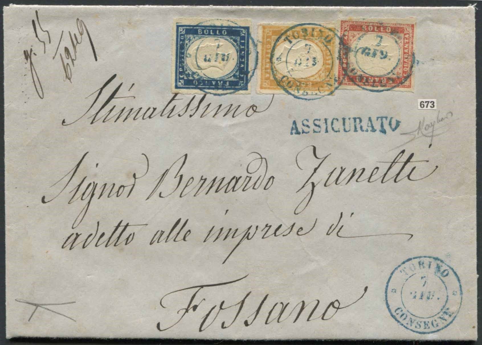Sardegna. Raccomandata da Torino per Fossano del 7 giugno 1859., Affranchi pour &hellip;