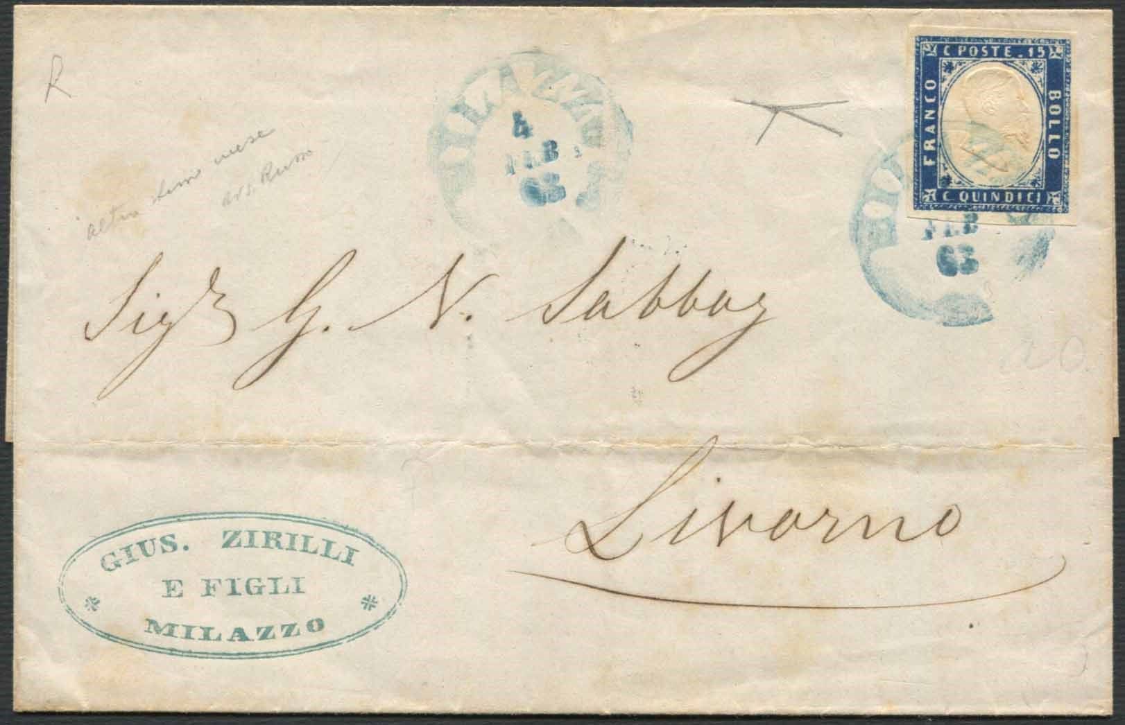 1863, Regno d’Italia, lettera da Milazzo per Livorno del 4 febbraio 1864,, Affra&hellip;