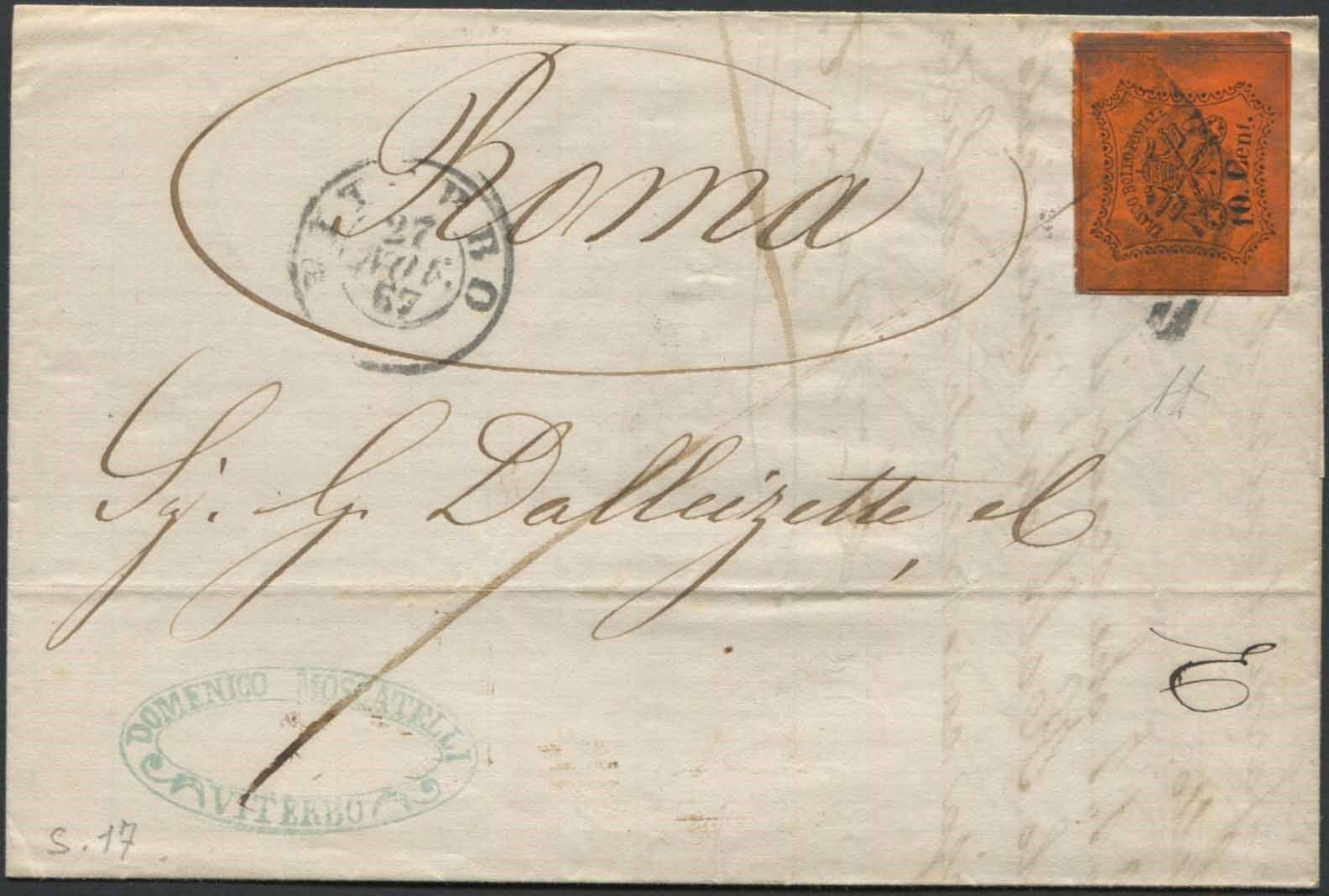 Stato Pontificio. Lettera da Viterbo per Roma del 27 novembre 1867., Franked ave&hellip;