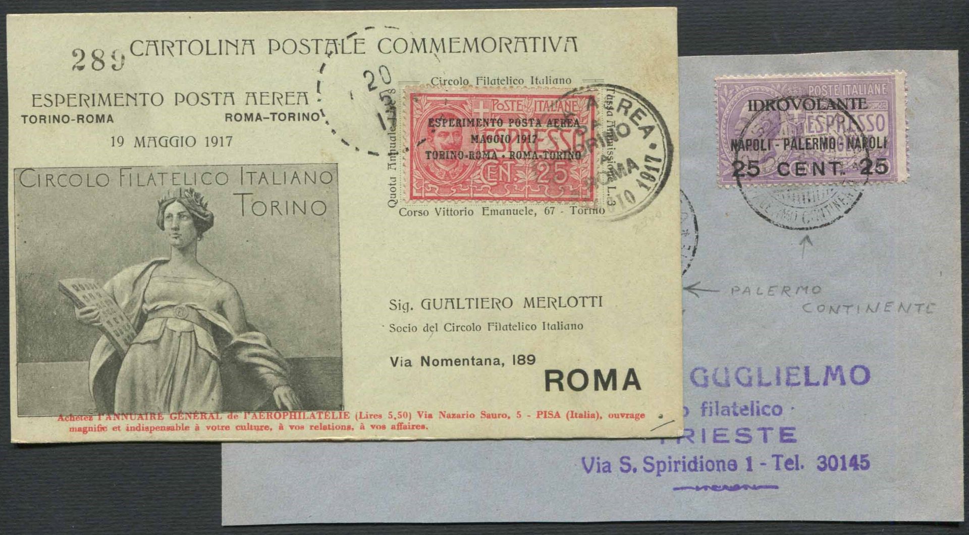 1917, Posta Aerea una cartolina "Esperimento di Posta Aerea-Torino-Roma",, Affra&hellip;