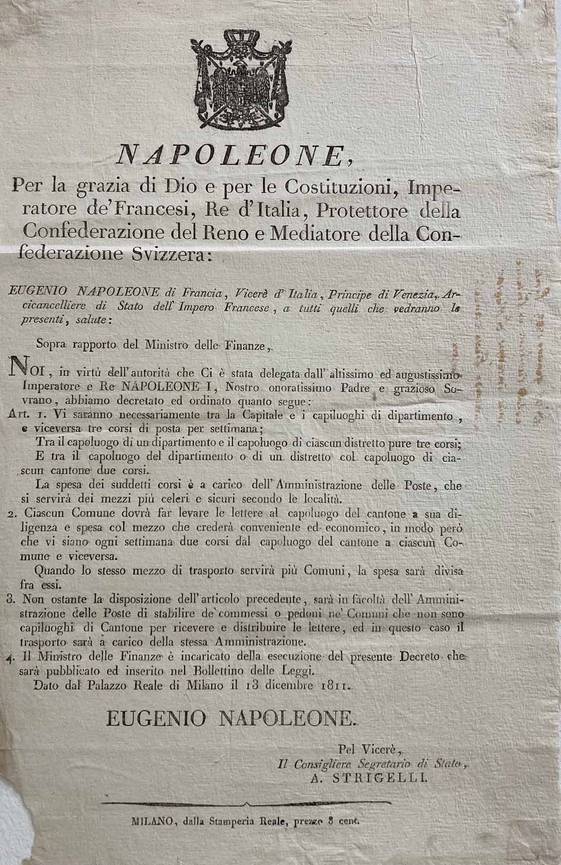 1811, Decreto 13 dicembre 1811 di Eugenio Napoleone, Qui fixait le nombre de cou&hellip;