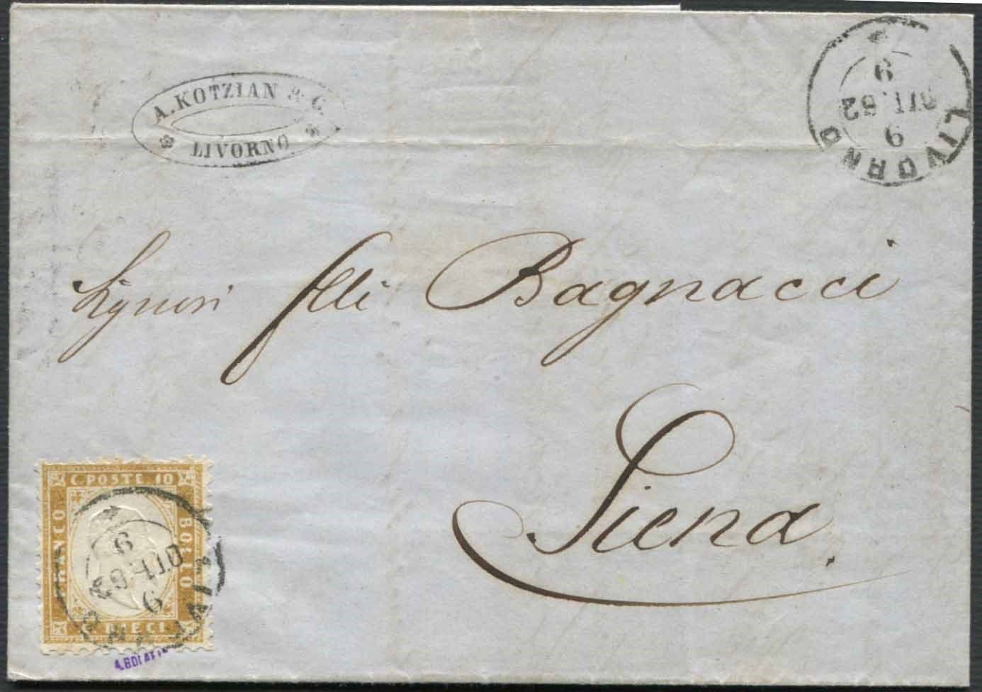 1862, REGNO D’ITALIA, 10 centesimi dentellato (S.1), Sur une lettre de Livourne &hellip;