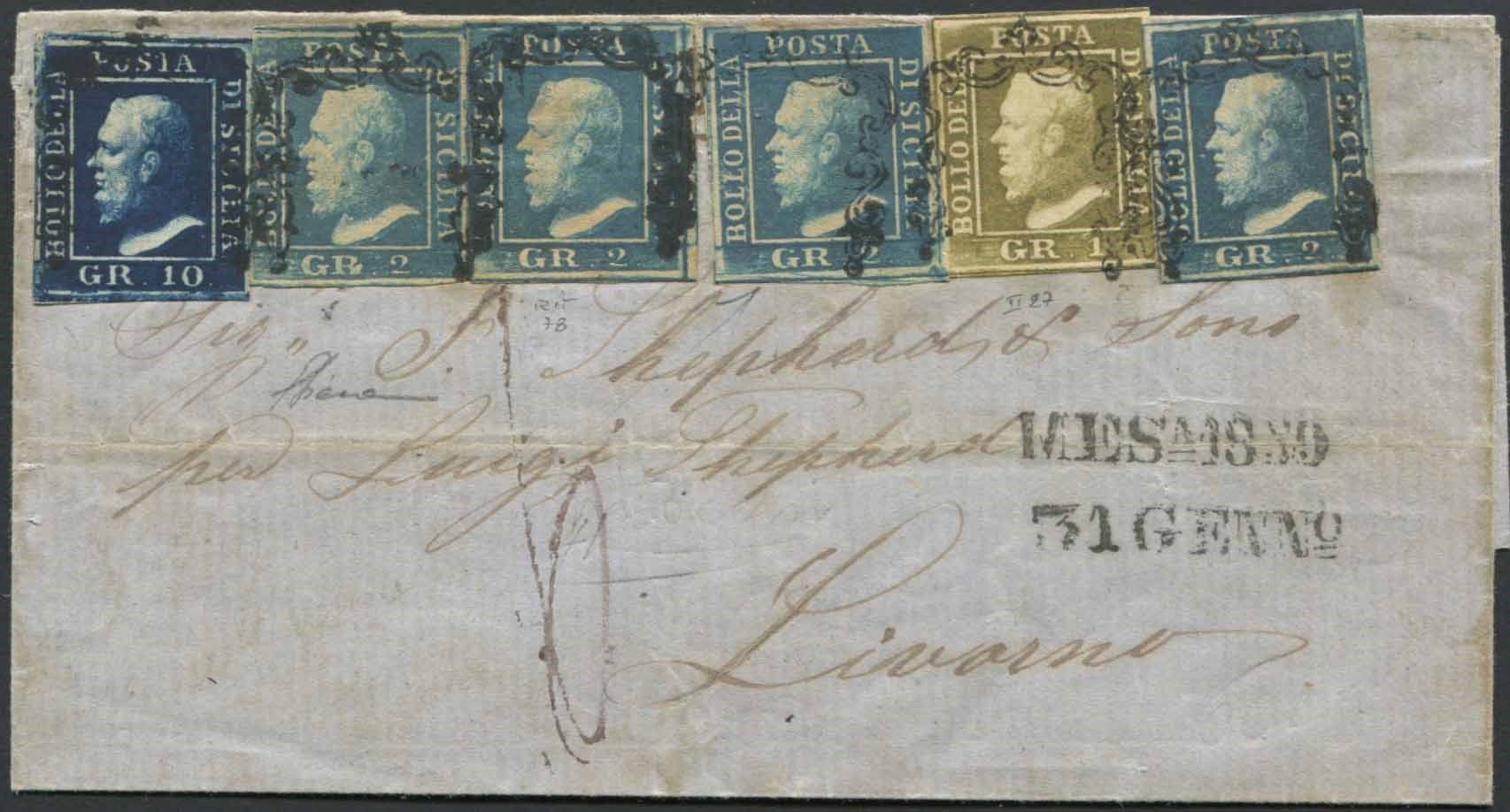 1859, Sicilia. Lettera da Messina per Livorno del 31 gennaio 1859., Affrancata p&hellip;