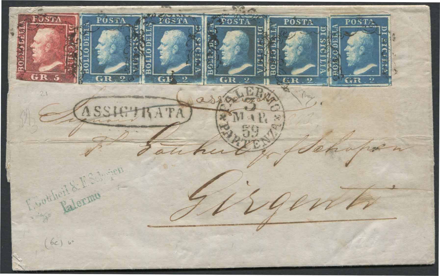 1859, Sicilia, assicurata da Palermo per Girgenti del 3 marzo 1859., Affranchi a&hellip;